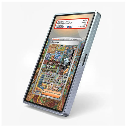 A silver-framed tablet device shown standing upright at an angle on a light gray background, with a colorful illustrated screen displaying a card-like graphic and a small red-and-white label at the top.