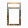 A decorative metal license plate frame featuring an illustrated vintage library scene with bookshelves, books, and framed pictures on the sides, shown on a plain white background.