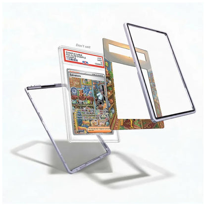 A clear protective case shown disassembled on a white background, with a framed card inside and transparent outer panels floating around it. The card features a colorful illustrated cover with the title 'Salvatore' and a grading label at the top.