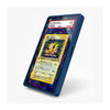 A blue protective case for a smartphone, shown at an angle on a light gray background. The screen displays a colorful cosmic wallpaper and a Pokémon TCG card.