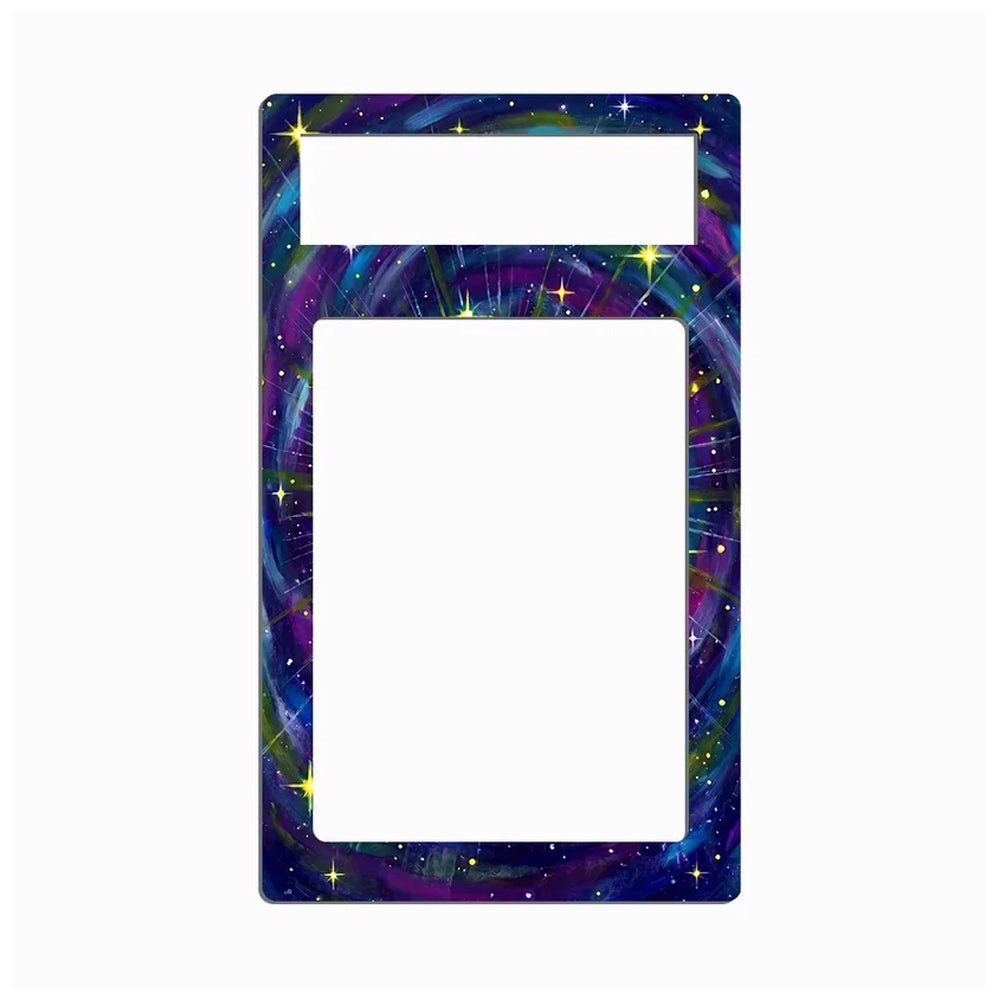 A rectangular decorative plate or frame insert with a colorful galaxy print, featuring a small cutout at the top and a larger blank center area, shown on a plain white background.