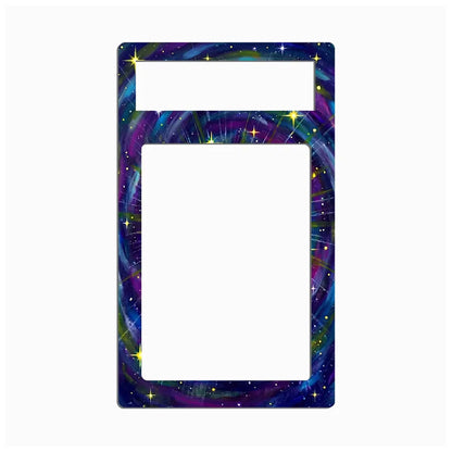 A rectangular decorative plate or frame insert with a colorful galaxy print, featuring a small cutout at the top and a larger blank center area, shown on a plain white background.