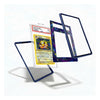 A set of protective card sleeves and frames displayed on a clean white background, including a clear sleeve with a graded Pokémon card inside, a holographic insert, and two dark blue empty frames.