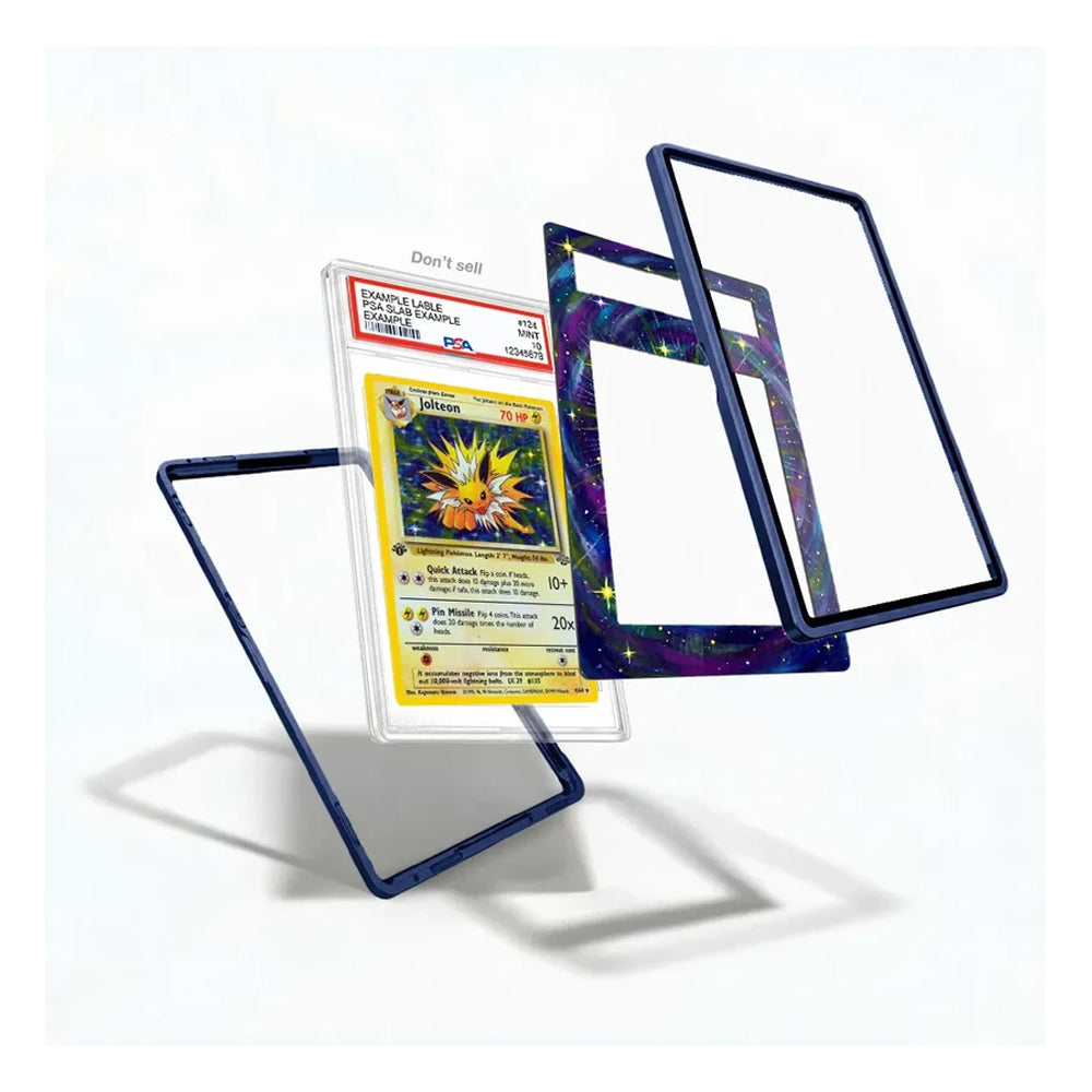 A set of protective card sleeves and frames displayed on a clean white background, including a clear sleeve with a graded Pokémon card inside, a holographic insert, and two dark blue empty frames.