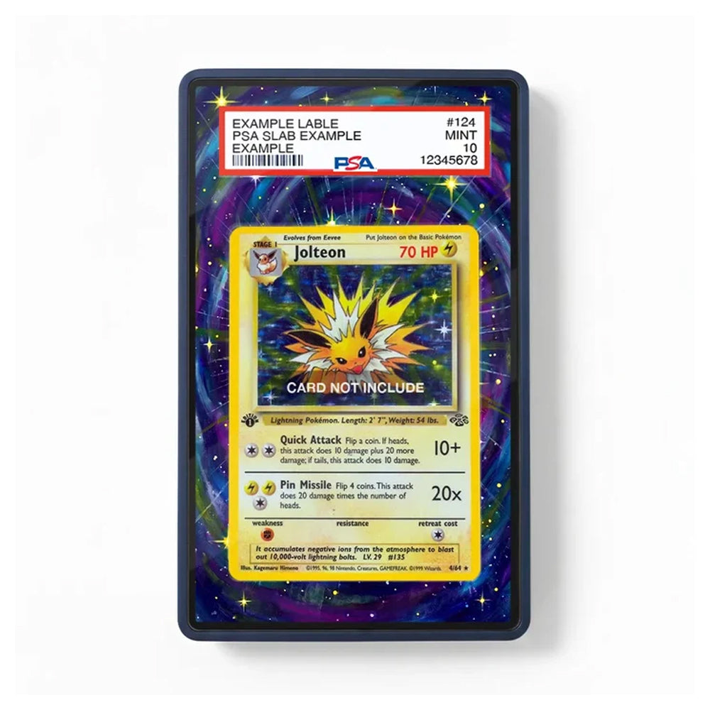 A collectible PSA slab-protected trading card featuring a Jolteon Pokémon card design, with a red and white PSA grading label at the top and a dark blue-purple cosmic background.