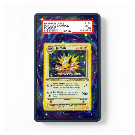 A collectible PSA slab-protected trading card featuring a Jolteon Pokémon card design, with a red and white PSA grading label at the top and a dark blue-purple cosmic background.