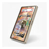 A slim rectangular smartphone or tablet-style device with a metallic light gray frame, shown at an angle on a clean white background. The screen displays a colorful card game interface with a visible Pokémon card graphic and small text including 'Pokémon' and 'Nintendo'.