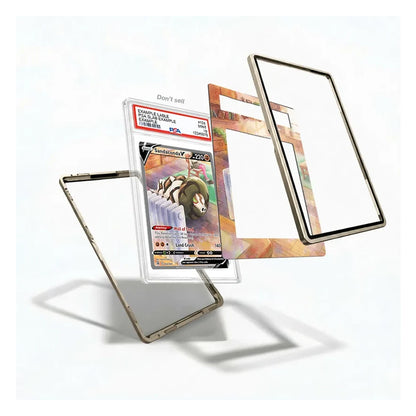 A clear acrylic card protector case with a transparent stand, shown holding a Pokémon TCG card and displayed alongside empty matching frames on a clean white background.