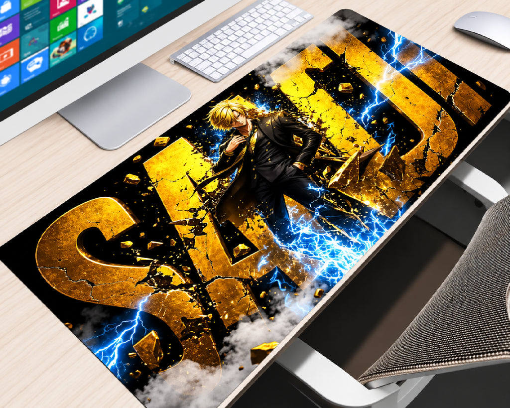 Sanji One Piece extended gaming mouse pad featuring a blond-haired anime character in a black suit, surrounded by cracked golden lettering, shattered gold fragments, electric-blue lightning, and swirling smoke on a black background, displayed on a light wood desk with a white keyboard, monitor, and mouse.