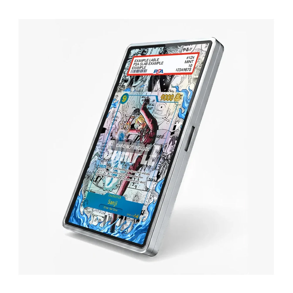 A silver metallic rectangular cable protector sleeve with a clear outer cover, shown on a white background. The screen of the inserted device displays a colorful graphic with text overlays including 'SAMPLE CABLE' and '12345 SAMPLE'.