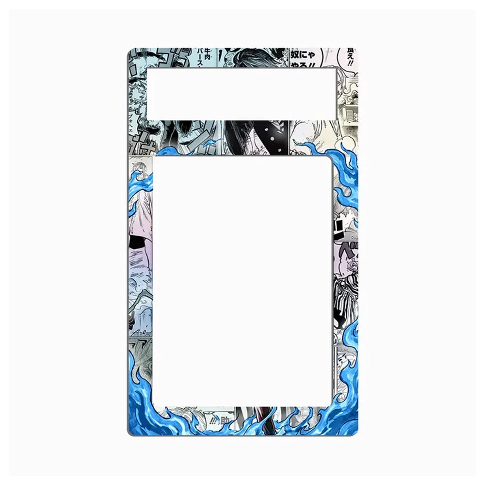 A rectangular phone case with a black, white, and blue anime-style manga border design, shown on a plain white background.