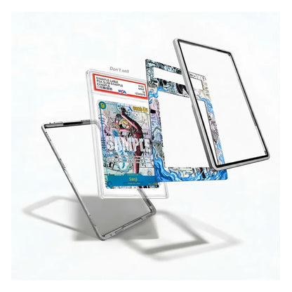 A clear protective case with a custom printed insert featuring a comic book cover and blue wave patterns, shown floating against a white background with its transparent outer shell and inner panel separated.