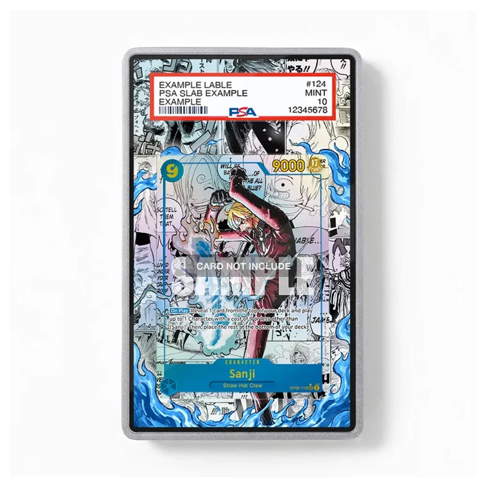 A PSA graded protective slab containing a printed collectible card sample, shown against a plain white background. The slab has a clear plastic border and a red PSA label at the top.