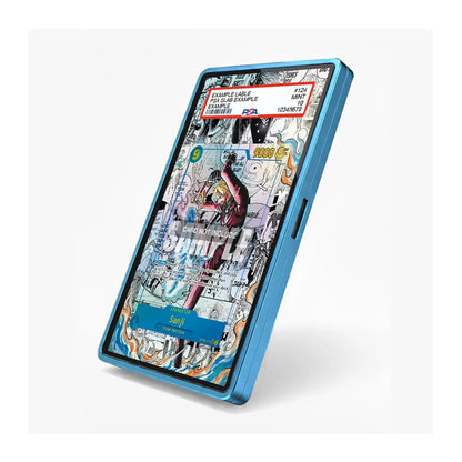 A blue protective phone case shown at an angle on a light gray background. The screen of the phone inside displays a colorful graffiti-style graphic with a red highlighted text box.