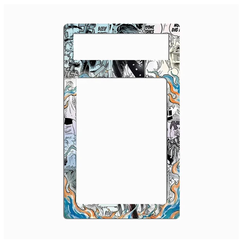 A decorative phone case frame or magnet backing plate featuring a black and white manga-style anime illustration border with blue and orange flame-like accents, shown on a plain white background.