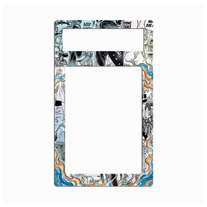 A decorative phone case frame or magnet backing plate featuring a black and white manga-style anime illustration border with blue and orange flame-like accents, shown on a plain white background.