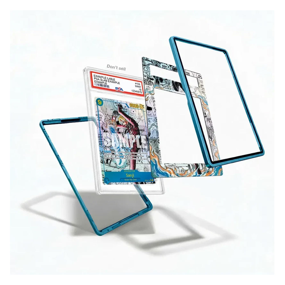 A set of custom comic book display frames and a protective case, shown floating against a white background. The frames feature a metallic blue border, with one frame displaying a graded comic book inside a clear case labeled CMBO's 'Samurai Tens' collection.