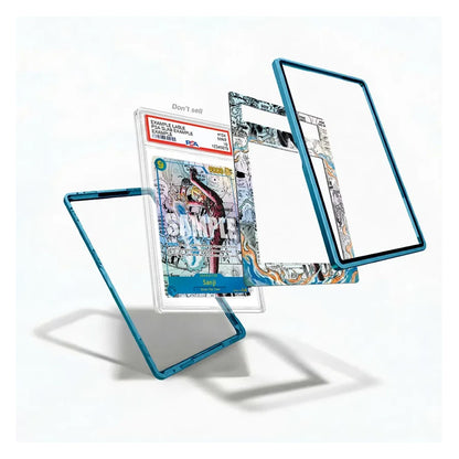 A set of custom comic book display frames and a protective case, shown floating against a white background. The frames feature a metallic blue border, with one frame displaying a graded comic book inside a clear case labeled CMBO's 'Samurai Tens' collection.