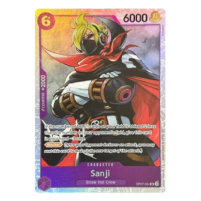 A single collectible trading card featuring the character Sanji from Straw Hat Crew, with a holographic rainbow border and card stats including 6000 and 6.