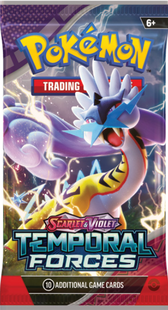Pokémon Trading Card Game Temporal Forces pack with a Pokémon character on a blue and red background