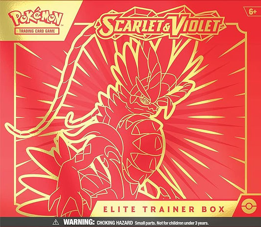 Pokémon Scarlet & Violet Elite Trainer Box packaging with a red and gold design.