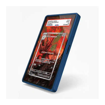 A blue protective phone case shown at an angle on a light gray background, with a sample holographic card displayed on the screen.