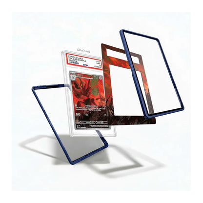 Three transparent protective card sleeves with dark blue borders are displayed around a graded Pokémon TCG card on a clean white background.