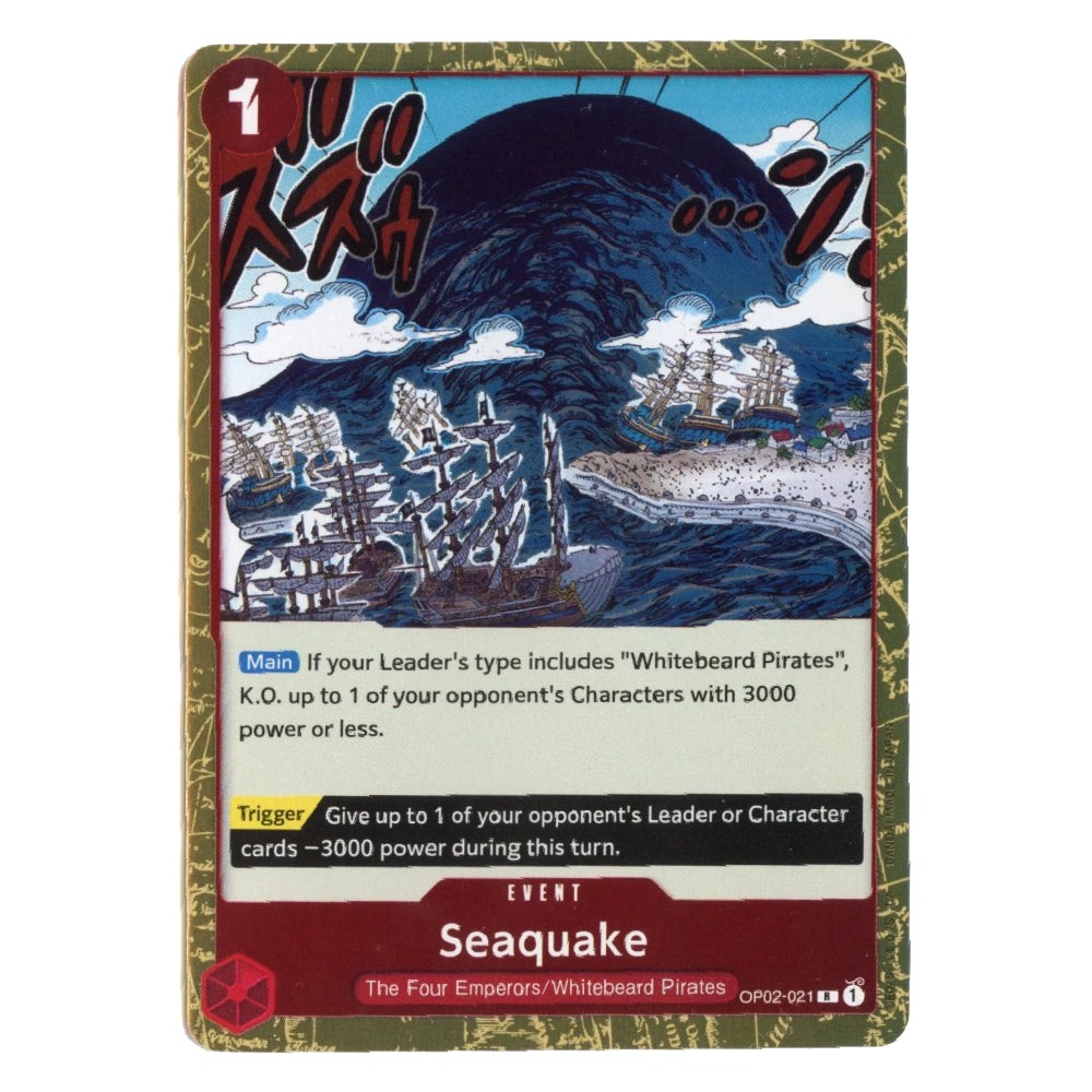 A collectible trading card titled 'Seaquake' from The Four Emperors / Whitebeard Pirates set, featuring an illustration of a massive wave crashing over a shipyard with whitebeard pirates aboard, set against a gold-patterned card border.