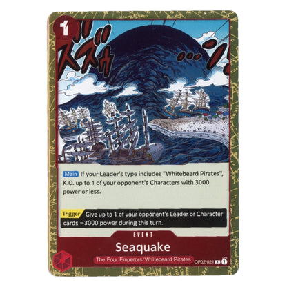 A collectible trading card titled 'Seaquake' from The Four Emperors / Whitebeard Pirates set, featuring an illustration of a massive wave crashing over a shipyard with whitebeard pirates aboard, set against a gold-patterned card border.