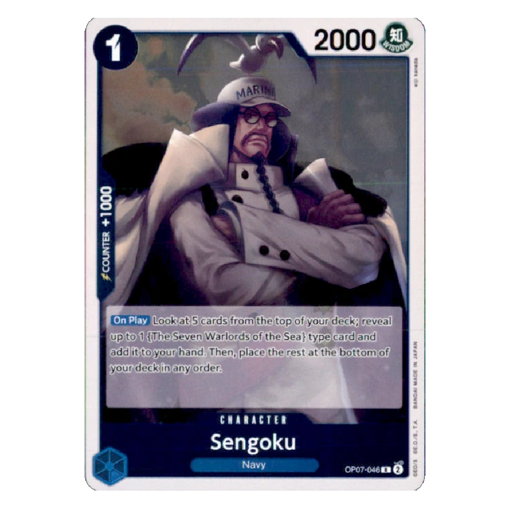 A single trading card featuring Sengoku from the anime Naruto, with character art, text boxes, and game mechanics printed on it. The card has a white border with blue and black design elements and the name Sengoku at the bottom.