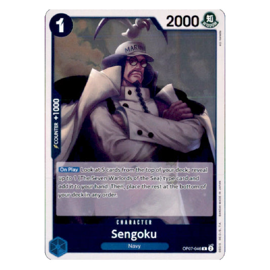 A single trading card featuring Sengoku from the anime Naruto, with character art, text boxes, and game mechanics printed on it. The card has a white border with blue and black design elements and the name Sengoku at the bottom.