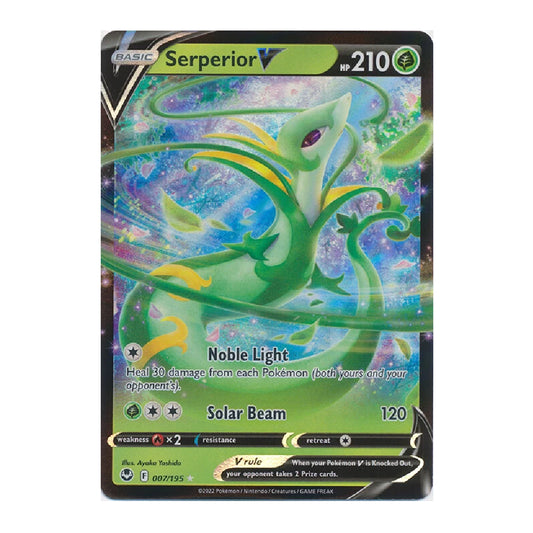 A single Pokémon trading card featuring Serperion, a green dragon-type creature, shown against a plain white background. The card has a black border, holographic rainbow sheen, and printed stats including HP 210 and Solar Beam 120.