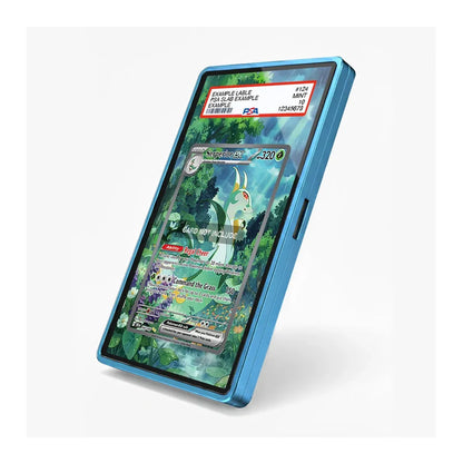 A blue protective phone case with a clear screen protector, shown standing upright on a light gray background. The screen protector features a sample Pokémon trading card design with a red header label.