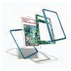 A set of custom protective card sleeves and frames with a metallic blue edge and a green forest pattern, shown floating around a graded Pokémon TCG card on a white background.