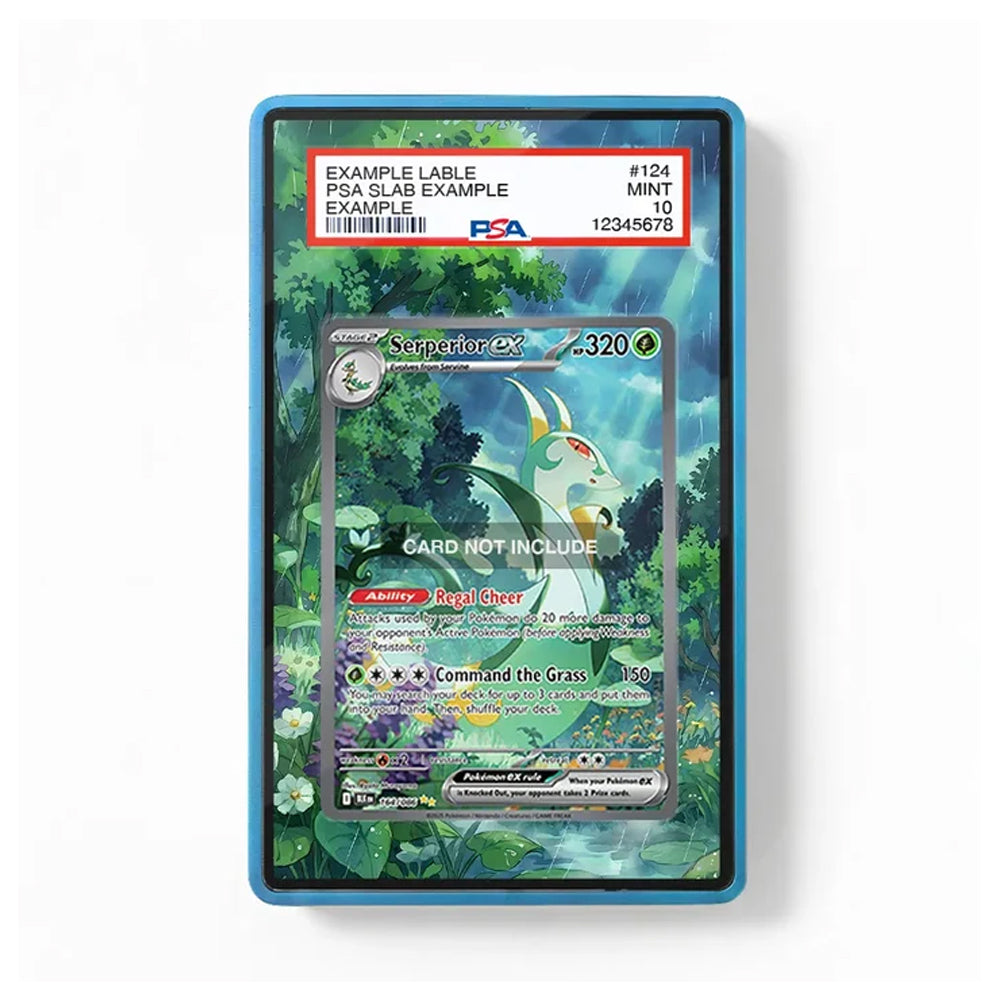 Pokémon trading card in a protective case with a label on a white background