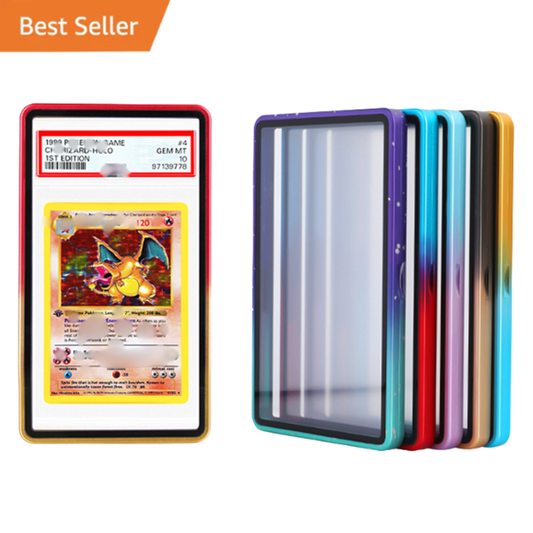 Collection of colorful card protectors with a Pokémon card on a white background
