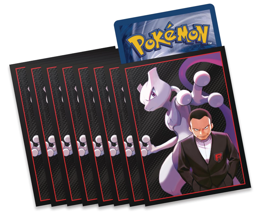 Set of Pokémon trading cards featuring Mewtwo and a trainer on black card backs.