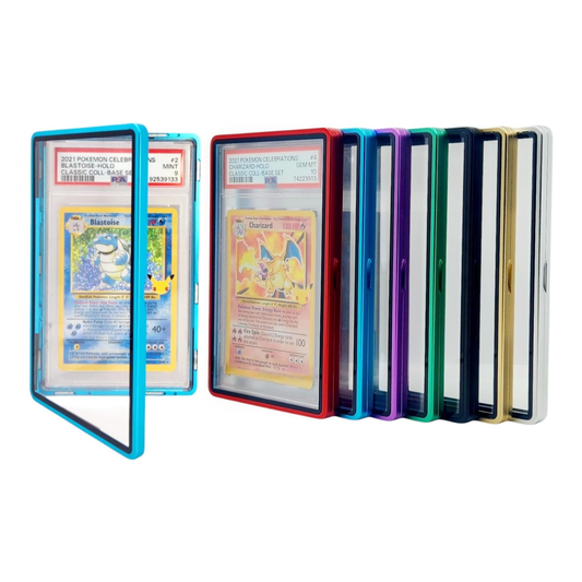 Set of colorful card holders with trading cards inside on a white background