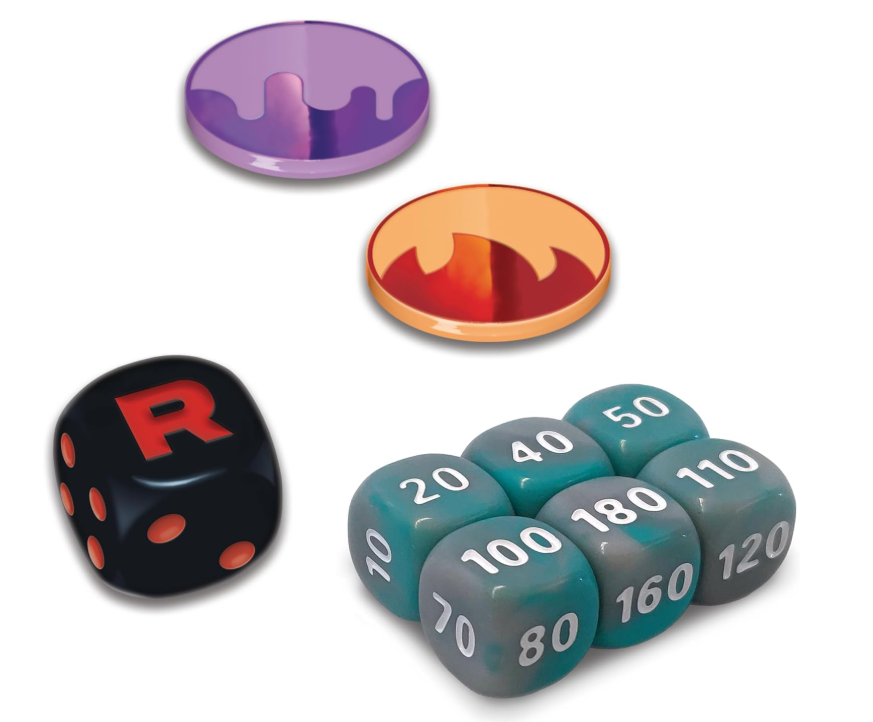 Set of dice with different colors and numbers on a white background