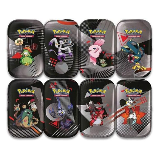 Set of eight Pokémon trading card game tins with various characters on a white background
