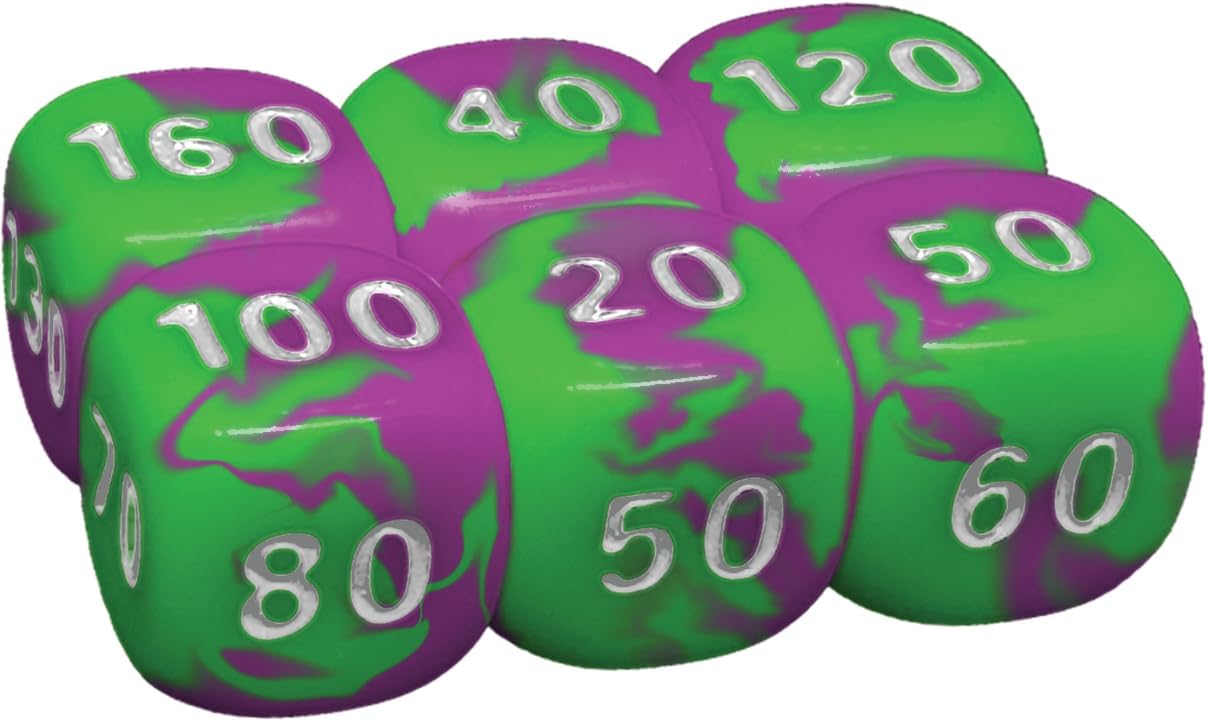 Set of green and purple dice with numbers on a white background