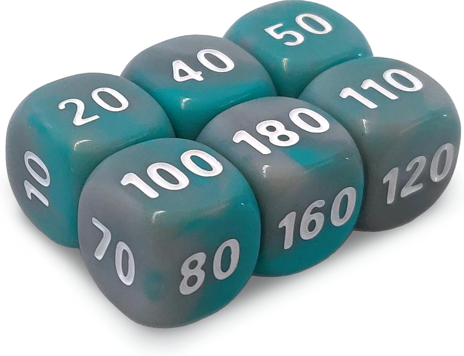 Set of large teal dice with white numbers on a white background