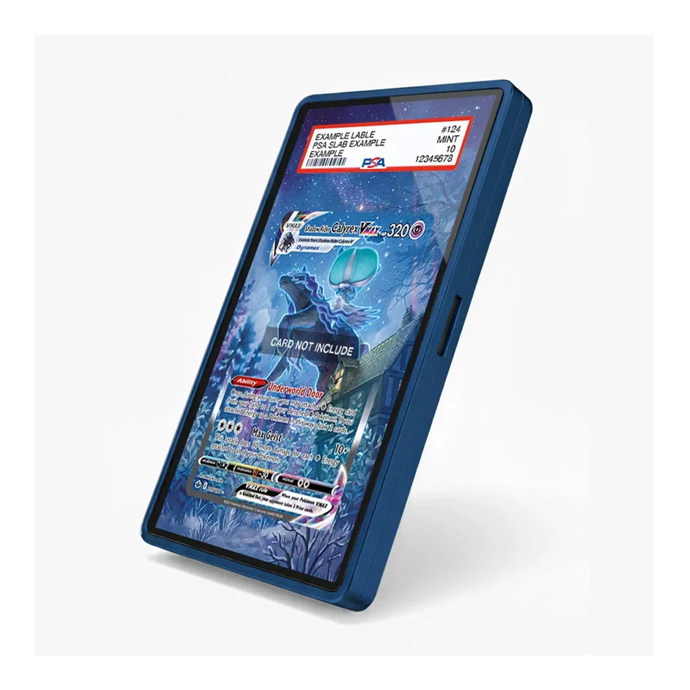 A blue protective phone case shown at an angle, featuring a printed Pokémon trading card design on the screen area, set against a plain white background.