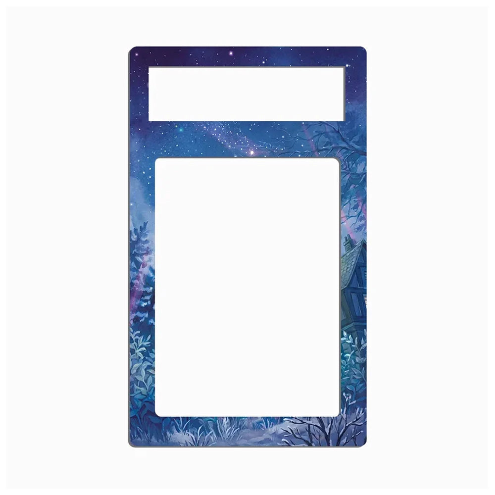 A rectangular decorative frame or plate with rounded corners, featuring a blue and purple starry night sky design with trees and foliage along the bottom and right edges. The top section has a smaller horizontal cutout, and the center has a larger vertical cutout, all on a plain white background.