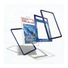 A set of protective card sleeves and frames, including one clear sleeve with a dark blue border holding a graded Pokémon TCG card, and two additional clear sleeves with dark blue borders floating behind it on a white background.