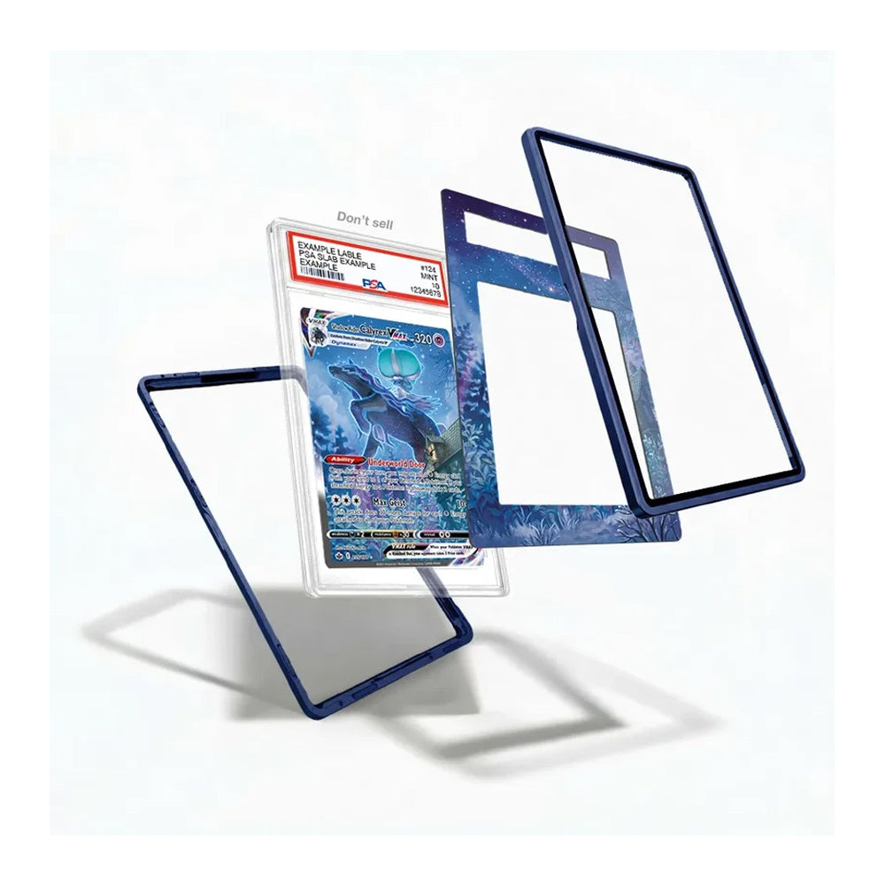 A set of protective card sleeves and frames, including one clear sleeve with a dark blue border holding a graded Pokémon TCG card, and two additional clear sleeves with dark blue borders floating behind it on a white background.