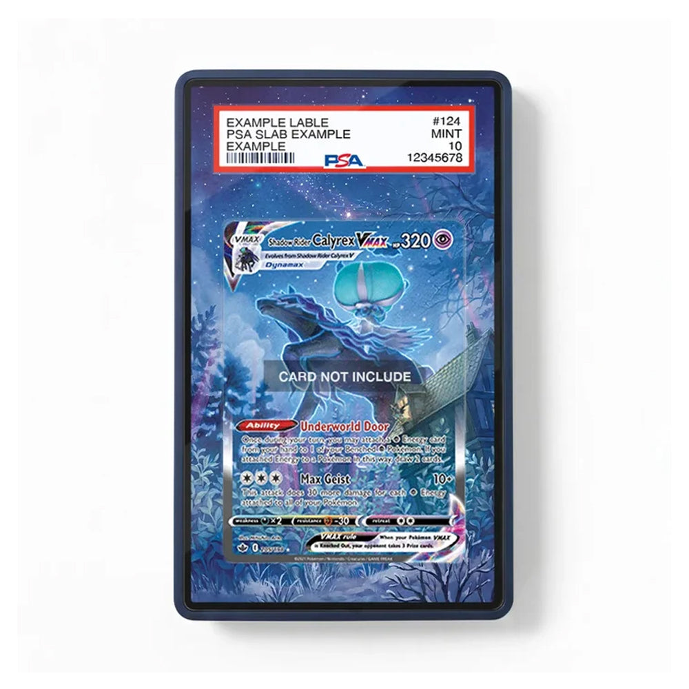 A PSA graded sample trading card slab showing a blue Pokémon card with a red PSA label at the top, photographed against a plain white background.