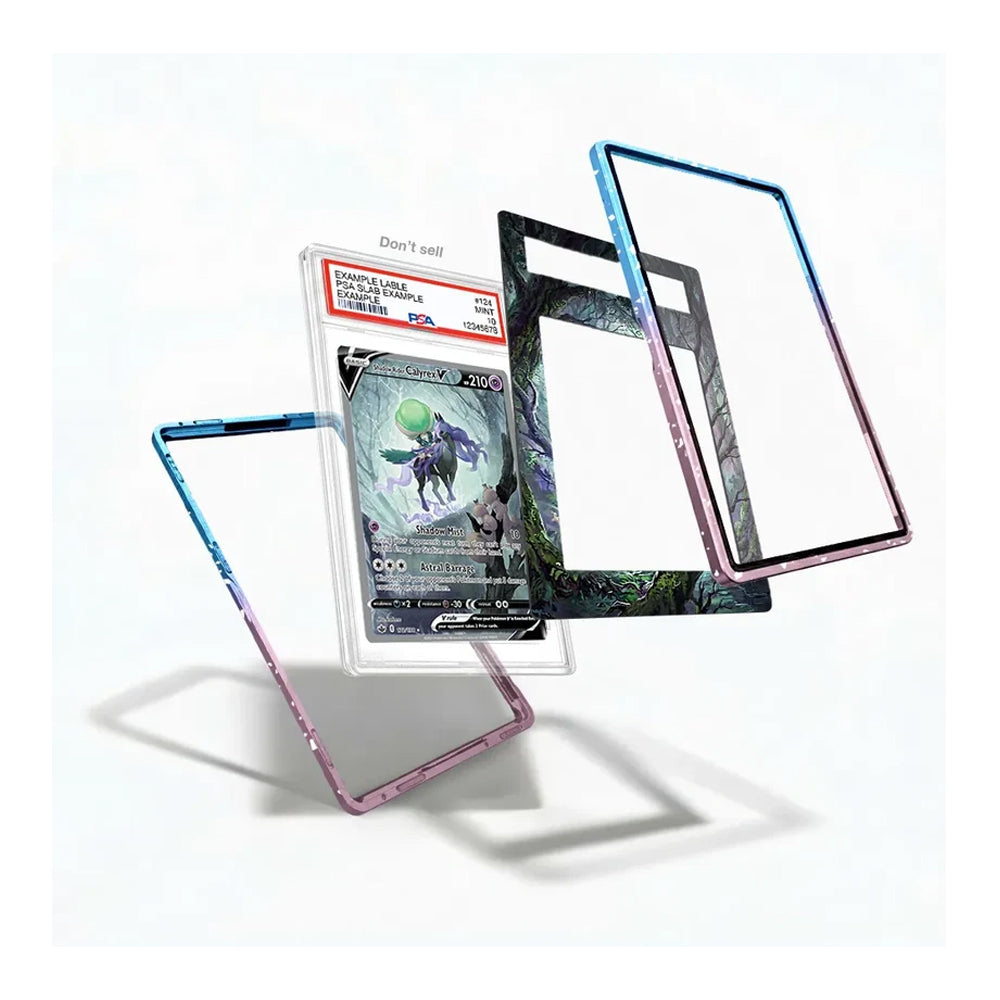 A clear tempered glass protector set for a Pokémon TCG card, shown floating against a white background. The set includes a clear protector with a blue-to-pink gradient border, a clear protector with a dark forest pattern border, and a clear protector with a black border.
