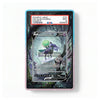 A collectible PSA graded PSA Slab card in a protective display sleeve, featuring a dark fantasy forest illustration with a purple creature and a green orb. The top of the card shows a red PSA slab label with grading details.