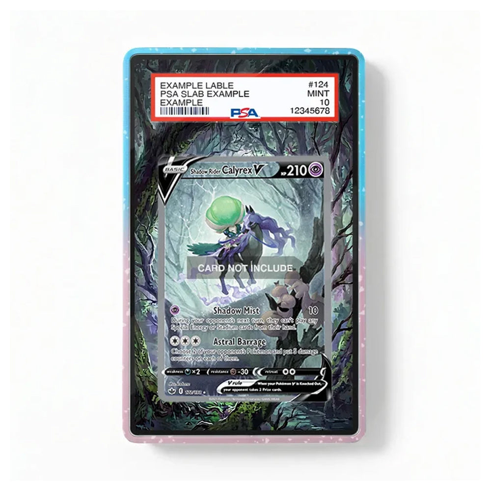 A collectible PSA graded PSA Slab card in a protective display sleeve, featuring a dark fantasy forest illustration with a purple creature and a green orb. The top of the card shows a red PSA slab label with grading details.